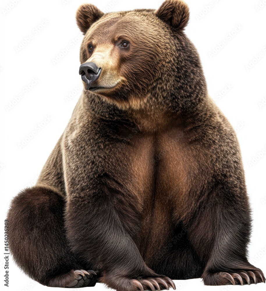 Fototapeta premium Realistic Grizzly Bear Sitting Confidently in Natural Posture, Capturing the Majestic Beauty of Wildlife and Nature in a Stunning Single Animal Portrait