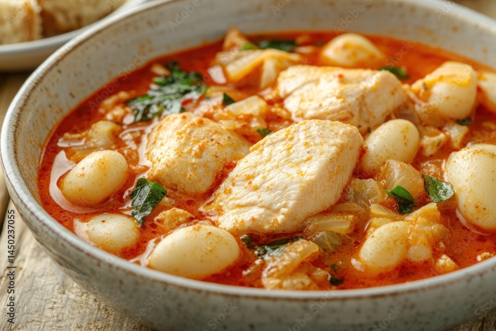 Spicy chicken stew with beans, close-up shot Spicy chicken stew with beans, close-up shot