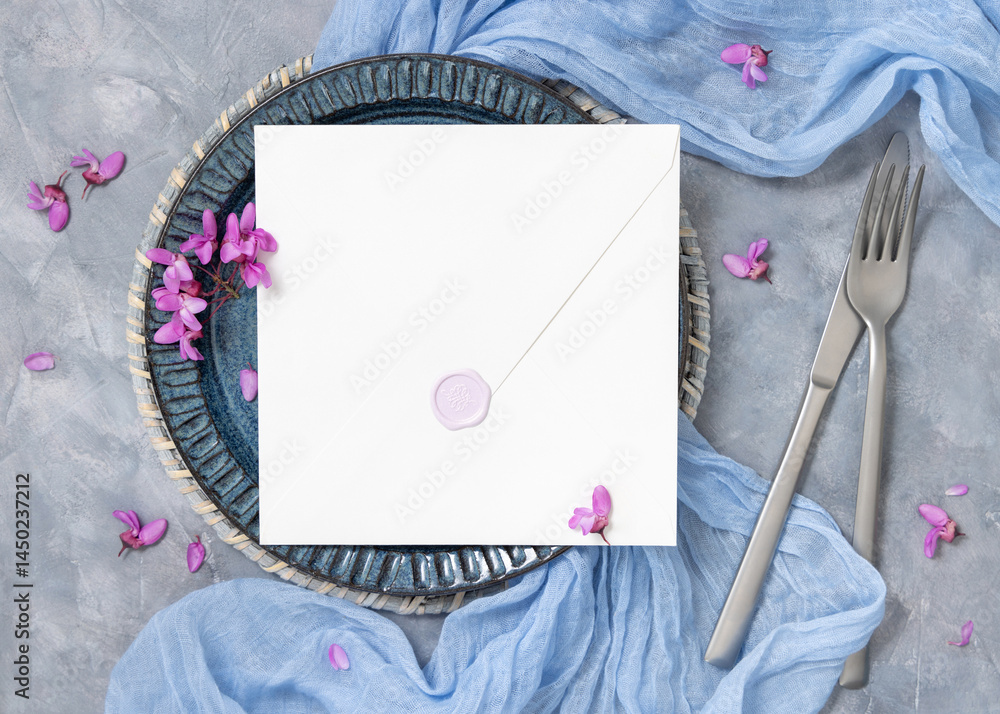 Wedding table place with an envelope near fabric and wild purple flowers top view on gray, mockup