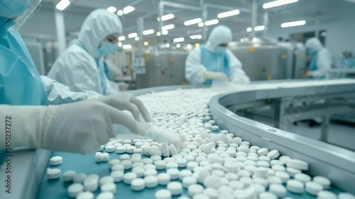 Wallpaper Mural In a pharmaceutical factory, workers in protective gear inspect pills on a conveyor belt, ensuring quality , safety. Stainless steel equipment , bright lights highlight the sterile, modern setting. Torontodigital.ca