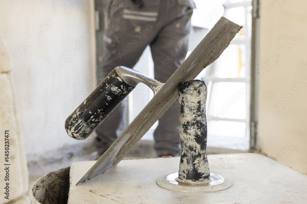 Craftsman in grey clothes working to a doorway during construction, metal trowels in the foreground