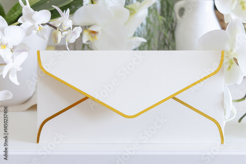 Envelope near white orchid flowers on table close up, pastel romantic wedding mockup