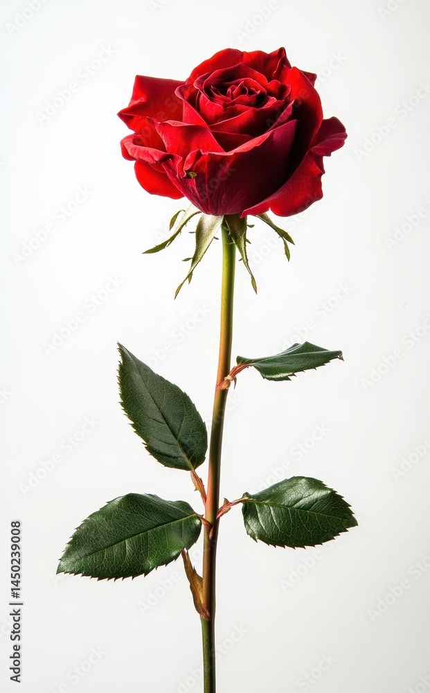 Obraz premium Single Red Rose Isolated on White Background with Vibrant Petals, Green Leaves, and Nature's Beauty Inspiring Love and Romance for Various Purposes