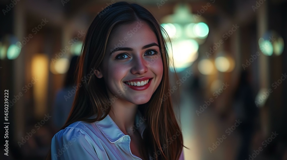 Smiling Woman in Warmly Lit Room with Blurred Background Smiling Woman in Warmly Lit Room with Blurred Background