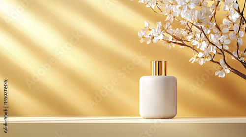Minimalist white bottle stands elegantly on golden surface, complemented by delicate white flowers, creating serene and luxurious atmosphere