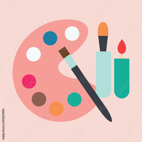 A set of makeup brushes and cosmetics including lipstick and eyeshadow palette for beauty and glamour