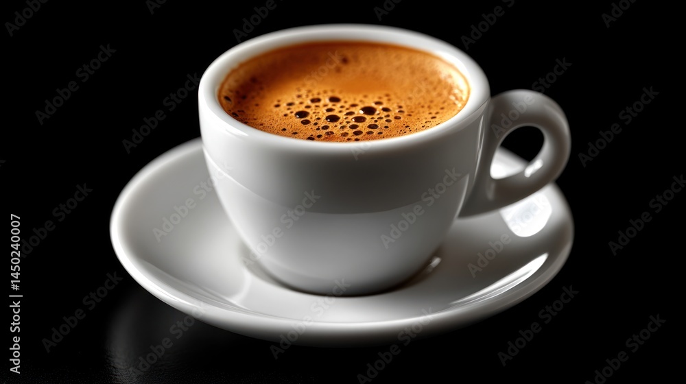 White cup of coffee with saucer on a black background close up. White cup of coffee with saucer on a black background close up.