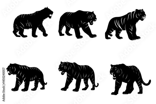 Six Black Tiger Silhouette Illustrations on White Background