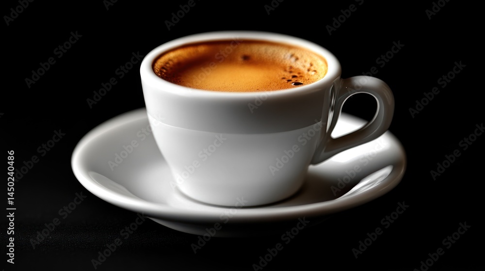 White cup with coffee on a saucer against a black background. White cup with coffee on a saucer against a black background.