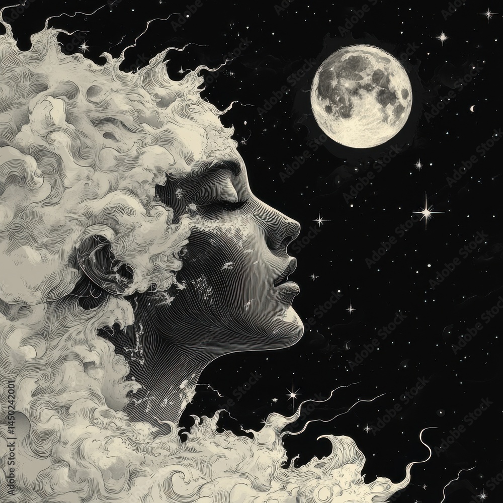 Fototapeta premium expressive moon face outline in mystical style, monochrome