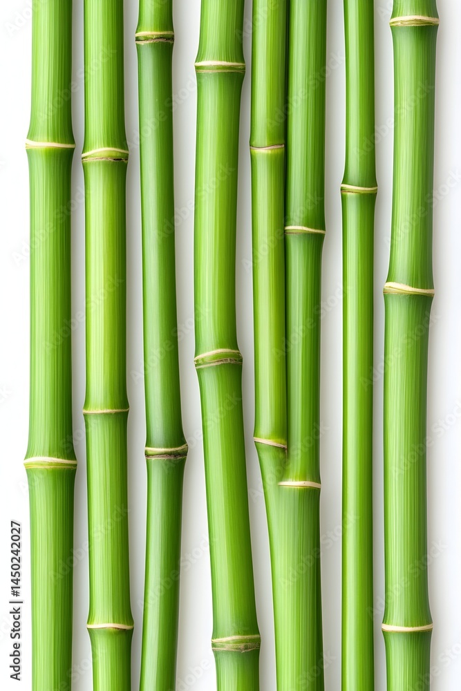 Fototapeta premium A close-up view of several green bamboo stalks arranged vertically against a white background