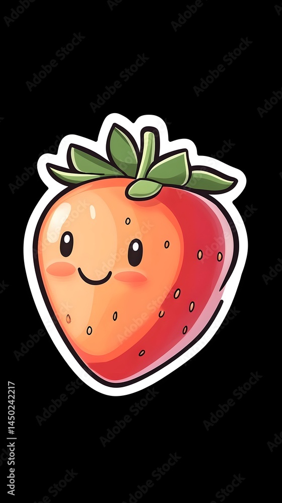 Obraz premium A cute cartoon strawberry with a smiling face, red and orange gradient, green leaves, and a white outline