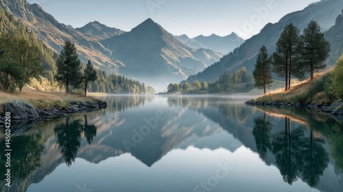 Serene Mountain Lake Reflection at Dawn