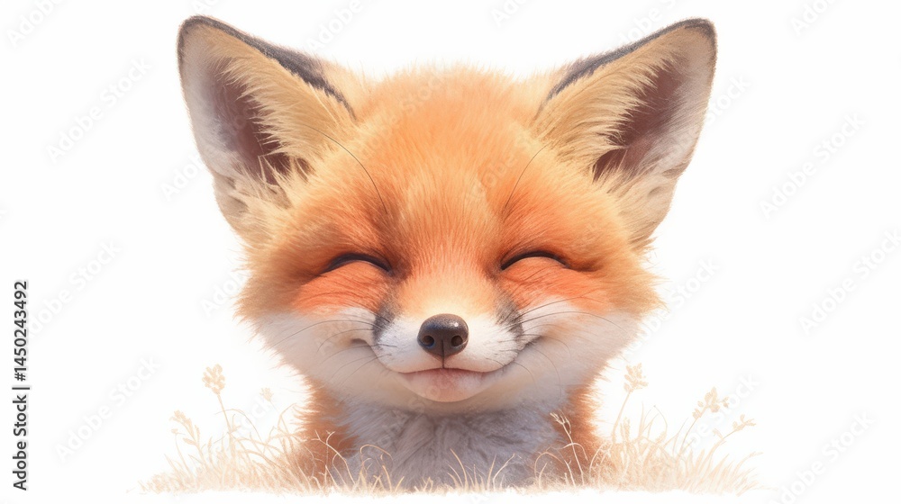 Obraz premium Adorable orange fox with a big smile, surrounded by grass on a white background