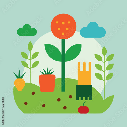 A vector illustration showcases a cartoon house adorned with flowers, nestled in nature with a tree and leaves, embodying an eco-friendly design