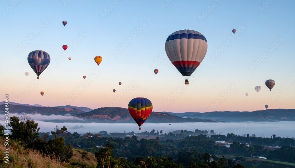 Naklejka premium Colorful hot air balloons soaring over scenic hills at dawn captivating aerial view tranquil landscape adventure experience