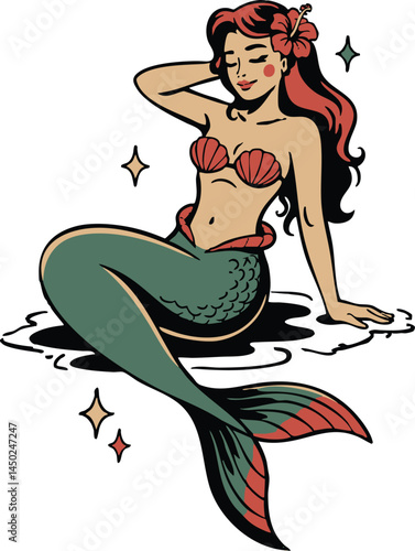Mermaids Flash Tattoo Vector Set of Traditional Vintage Pinup Mermaid Tattoos Style Clipart for Cricut Procreate plus Single and Color Versions