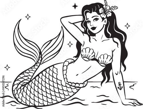 Mermaids Flash Tattoo Vector Set of Traditional Vintage Pinup Mermaid Tattoos Style Clipart for Cricut Procreate plus Single and Color Versions