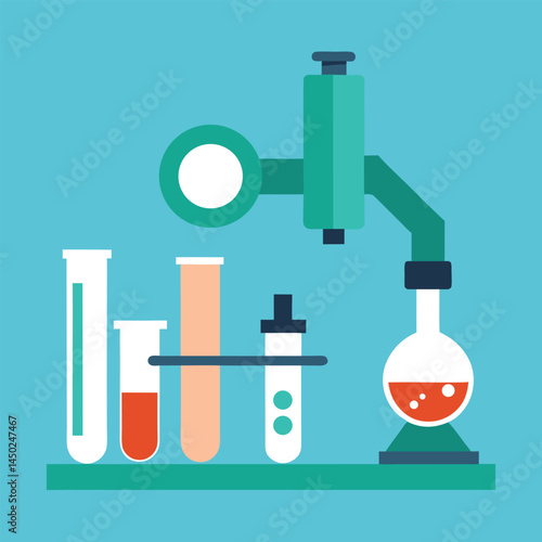 Vector illustration set design shows chemical science laboratory with equipment and glassware icons