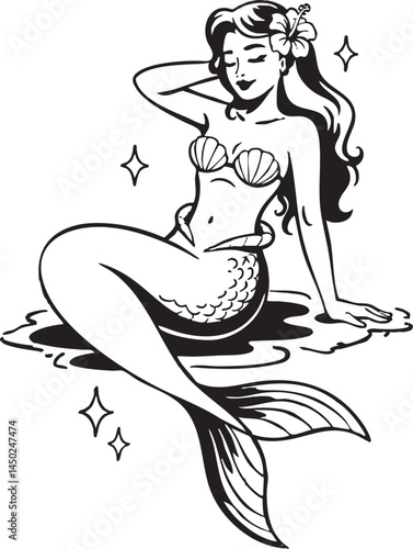 Mermaids Flash Tattoo Vector Set of Traditional Vintage Pinup Mermaid Tattoos Style Clipart for Cricut Procreate plus Single and Color Versions