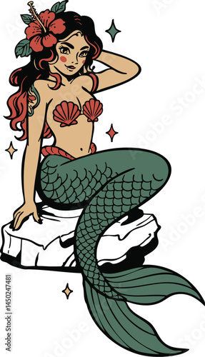 Mermaids Flash Tattoo Vector Set of Traditional Vintage Pinup Mermaid Tattoos Style Clipart for Cricut Procreate plus Single and Color Versions