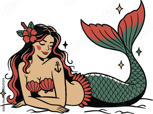 Mermaids Flash Tattoo Vector Set of Traditional Vintage Pinup Mermaid Tattoos Style Clipart for Cricut Procreate plus Single and Color Versions