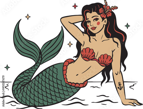 Mermaids Flash Tattoo Vector Set of Traditional Vintage Pinup Mermaid Tattoos Style Clipart for Cricut Procreate plus Single and Color Versions