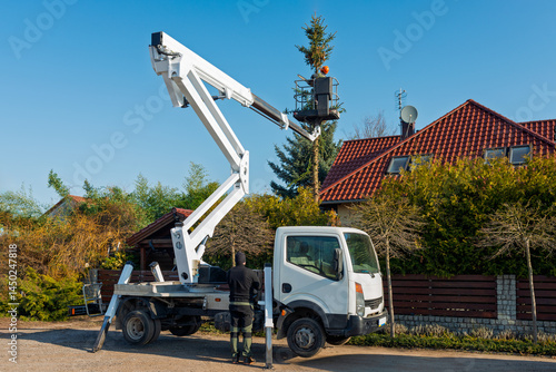 Arborist Cutting Tall Spruce Tree with Chainsaw from Elevated Platform Truck in Residential Area on Sunny Day