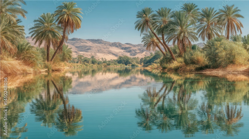 Serene Oasis: Palm Trees Reflecting in Calm River Water Serene Oasis: Palm Trees Reflecting in Calm River Water