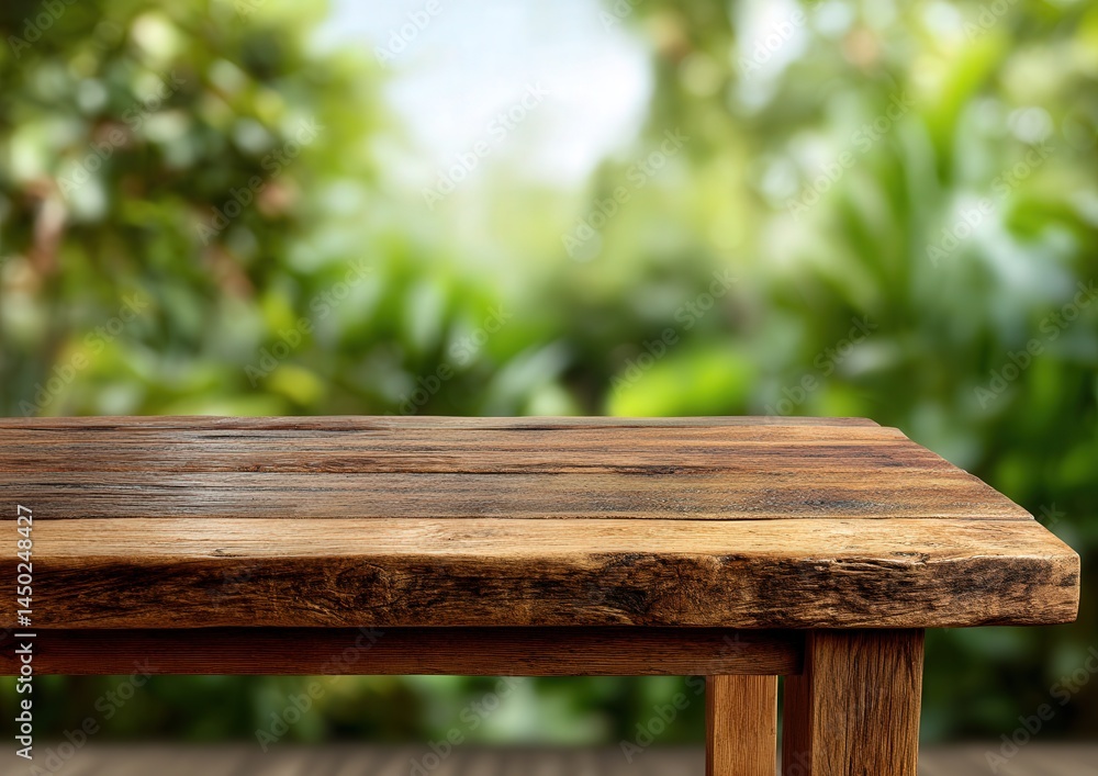 Fototapeta premium Rustic wooden table against lush green garden background.