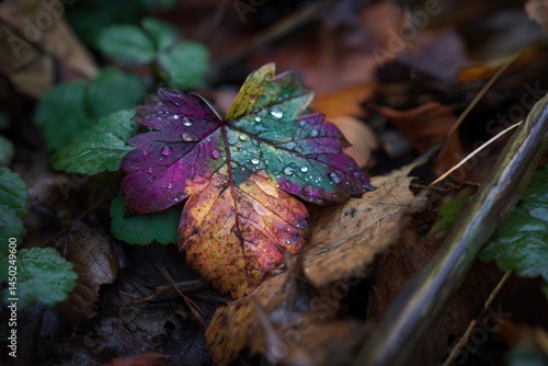Wallpaper Mural Close-up of a colorful leaf with raindrops resting on the forest floor. Torontodigital.ca