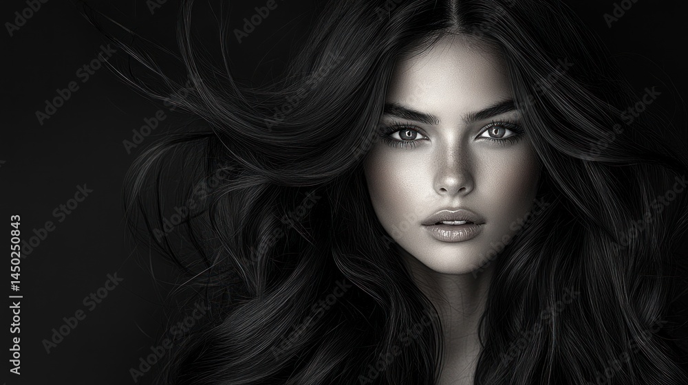 Fototapeta premium Woman with long dark hair and light skin against a dark background.
