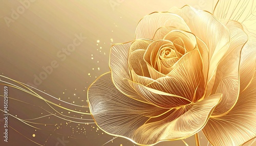 Luxury golden rose flower line art background vector. Natural botanical elegant flower
