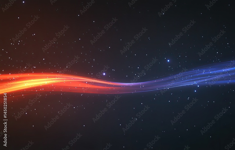 Obraz premium Cosmic energy flow, vibrant orange and blue streaks against a starry, dark background. Detailed light trails creating a dynamic, celestial design