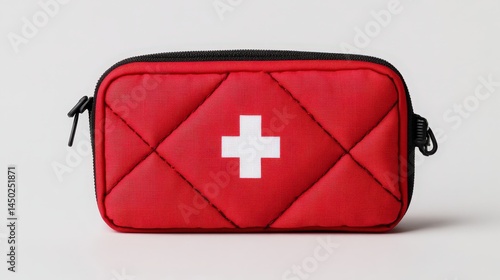 Compact red first aid kit pouch with a white cross symbol, designed for emergency medical use and portable convenience.
