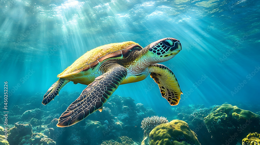 Obraz premium Underwater shot of a sea turtle swimming in vibrant coral reefs.