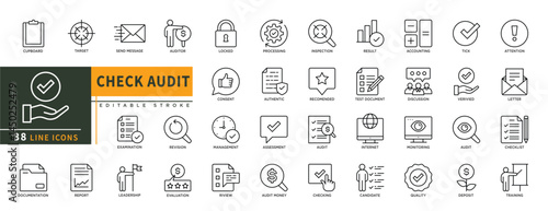 Minimalist Check Audit line icons set with editable stroke, featuring cupboard, target, send message, auditor, consent, revision, riview,  audit money, checking, audit, tick. thin linear illustration.