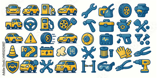 Big Set of Cartoon Car and Auto Repair Icons in Blue and Yellow Style. Includes vehicles, wheels, engines, tools, traffic signs, GPS, gearboxes, gloves, wrenches, screwdrivers, jacks, and other automo