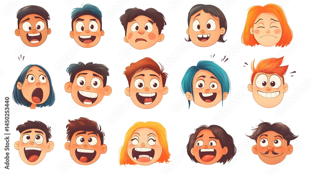 A colorful collection of diverse animated characters showcasing various facial expressions and moods. A colorful collection of diverse animated characters showcasing various facial expressions and moods.