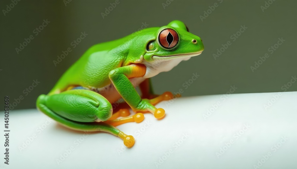 Obraz premium Green tree frog perched on white, vibrant skin, herpetology, pet, wildlife