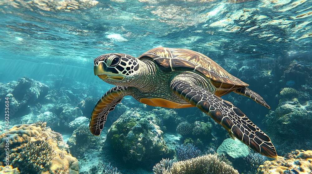 Obraz premium Submerged sea turtle amidst vibrant coral reefs.