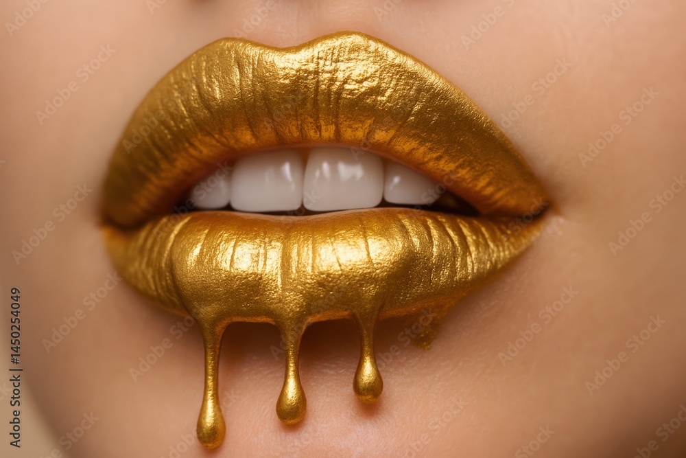 Fototapeta premium Close-up of woman's lips coated in dripping golden liquid makeup, concept of luxury, beauty, and artistry, creating a bold and glamorous impression.