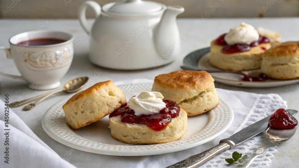 Classic British Scones with Strawberry Jam and Clotted Cream Served with Tea
Classic British Scones with Strawberry Jam and Clotted Cream Served with Tea
