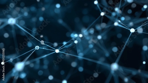 Abstract glowing blue network nodes connected by light strands in a dark digital space