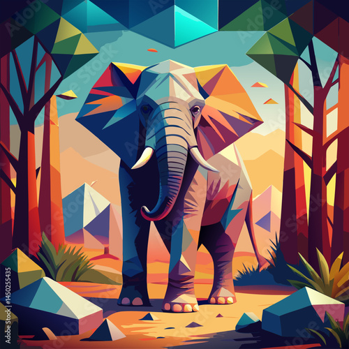 Geometric Elephant in a Tropical Forest . Abstract Wildlife Art