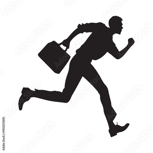 He is in a hurry to get to the office. A man in business attire is running through the scene, holding a briefcase in front of him. vector silhouette image,white background.