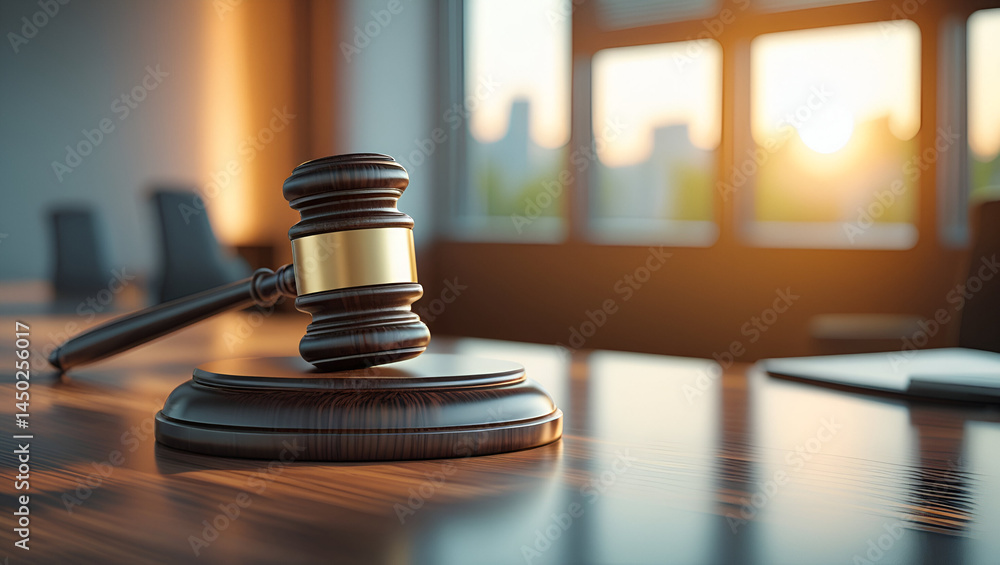 A abstract wooden gavel placed on a office table with copy space area symbolizing justice and law concept A abstract wooden gavel placed on a office table with copy space area symbolizing justice and law concept
