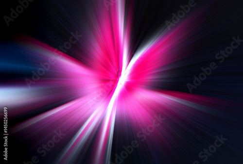Abstract surface of radial blur zoom in vibrant pink and white tones on a dark background. Energetic motion burst effect ideal for tech, speed, or cosmic-themed designs.