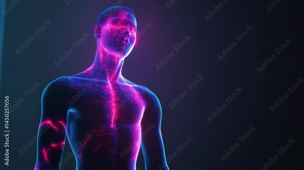 Abstract glowing male figure on dark background showing internal energy flow and anatomy research visualization, health diagnostics futuristic concept. Abstract glowing male figure on dark background showing internal energy flow and anatomy research visualization, health diagnostics futuristic concept.