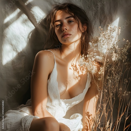 sustainable fashion A woman gazes softly, illuminated by natural light amidst delicate plants, creating a serene atmosphere.